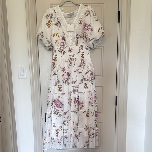 J Ghee Dresses & Skirts - Purple and Pink Puff Sleeve Midi Sundress for Wedding Guests